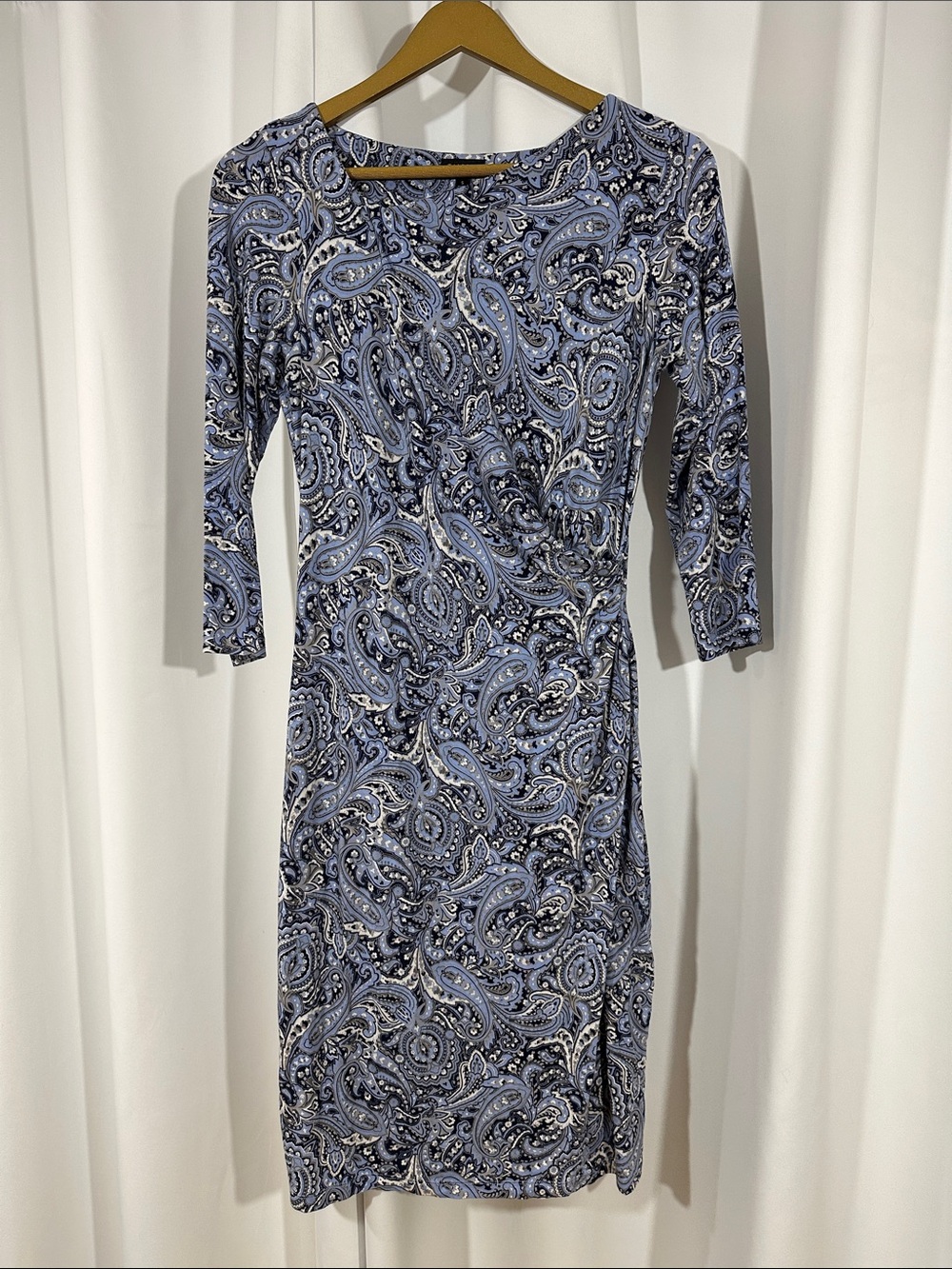 Talbots Blue Paisley Faux Wrap Dress Size Small 3/4 Sleeve Stretch